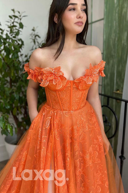 16730 - Off Shoulder Floral Appliqued Thigh Slit Lace Formal Dress