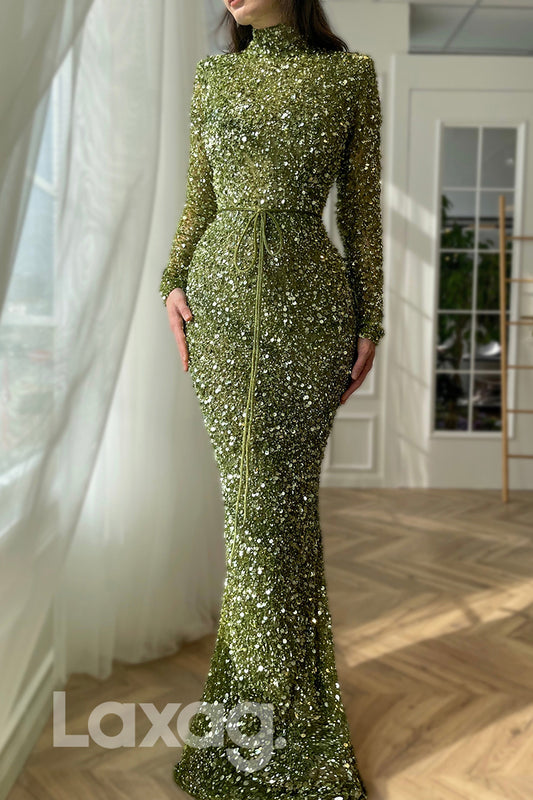 16742 - High Neck Long Sleeves Sequined Green Mermaid Prom Dress