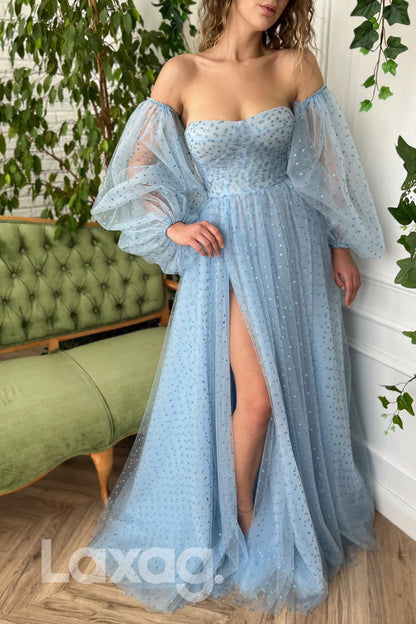 16743 - Strapless Sheer Long Sleeves Thigh Slit Heart Tulle Evening Dress