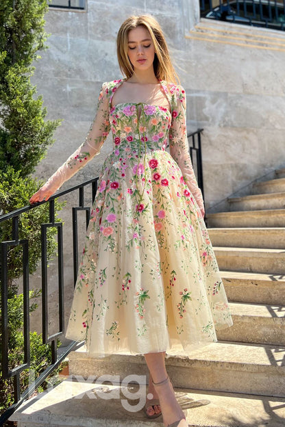 16745 - Long Sleeves Embroidery Appliqued Illusion A-line Prom Dress