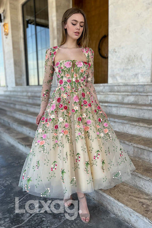 16745 - Long Sleeves Embroidery Appliqued Illusion A-line Prom Dress