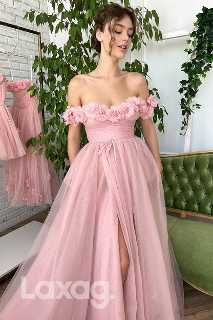 16753 - Strapless Floral Appliqued Thigh Split Tulle Pink Prom Dress
