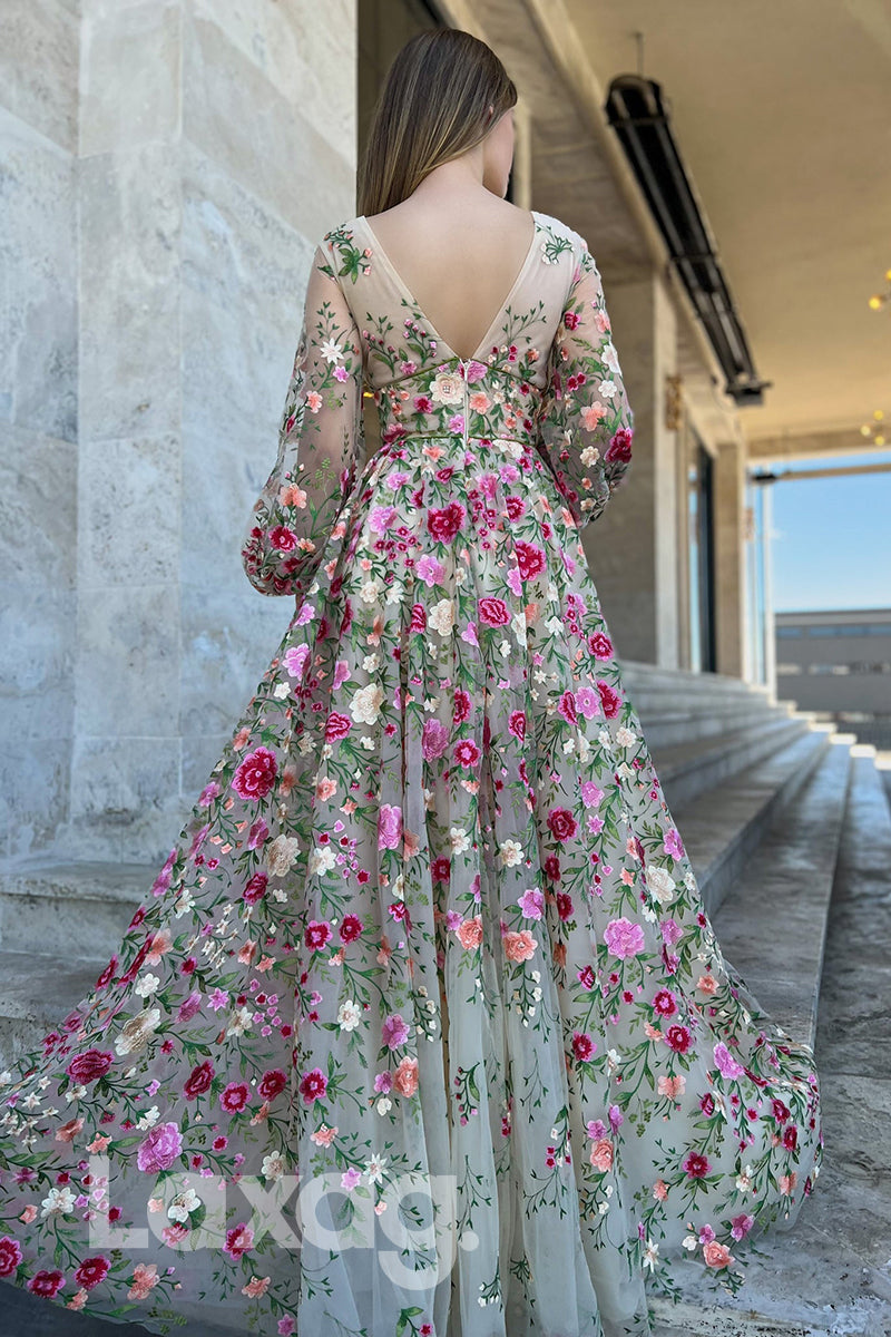 16754 - Deep V-neck Embroidery Appliqued Long Sleeves Formal Prom Dress