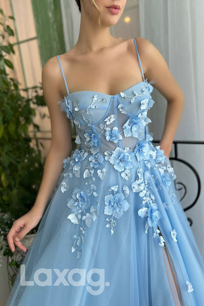 16759 - Spaghetti Straps Thigh Slit Appliqued Blue Formal Dress