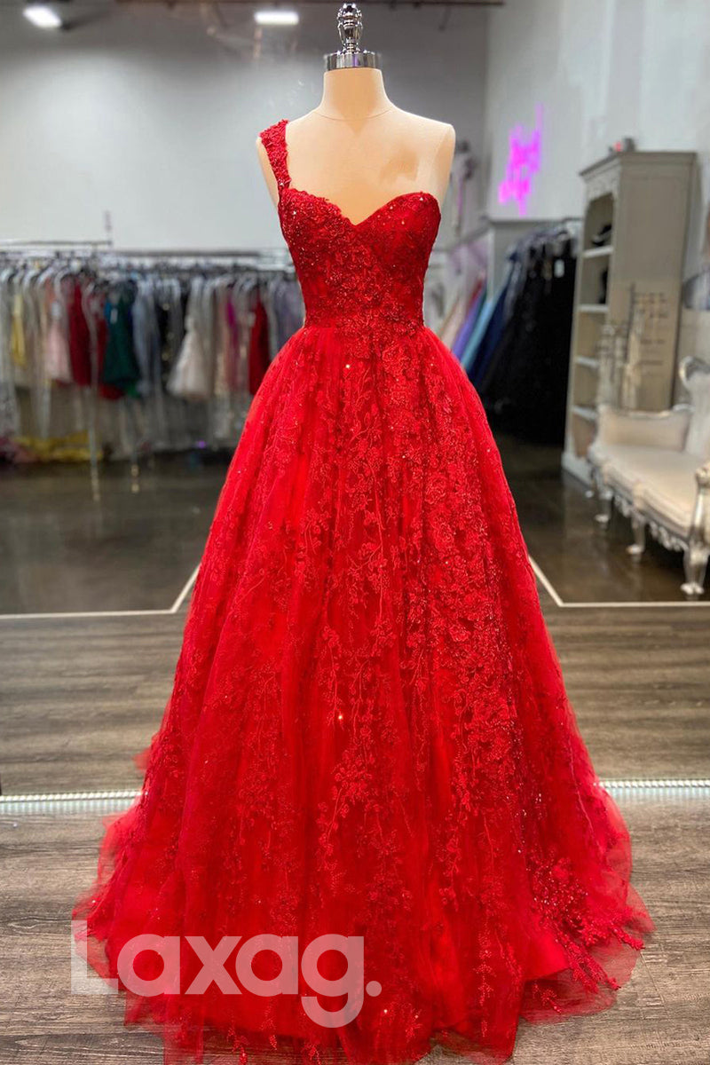 19743 - A-line One Shoulder Lace Appliques Red Prom Dress|LAXAG