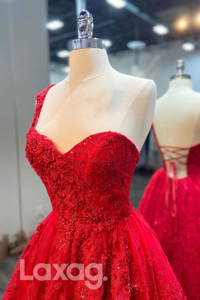 19743 - A-line One Shoulder Lace Appliques Red Prom Dress|LAXAG