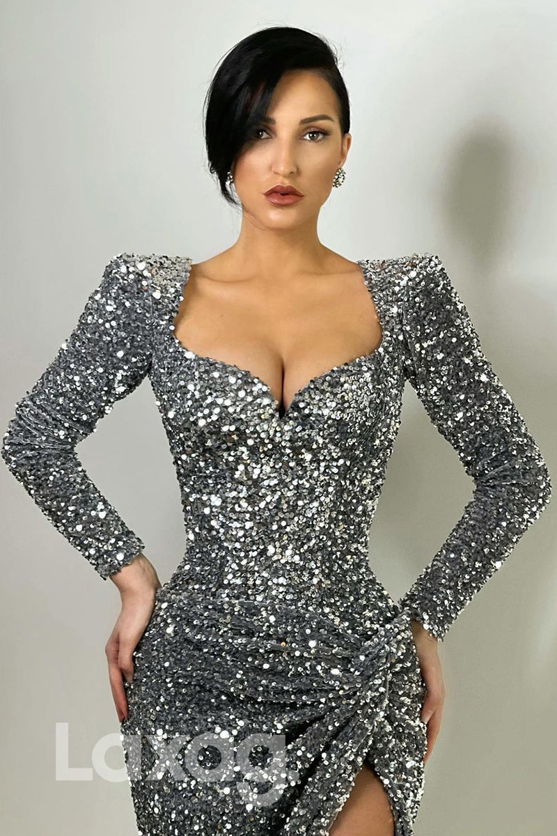 19747 - Sexy V-Neck Long Sleeves Sequins Sparkly Prom Dress with Slit|LAXAG