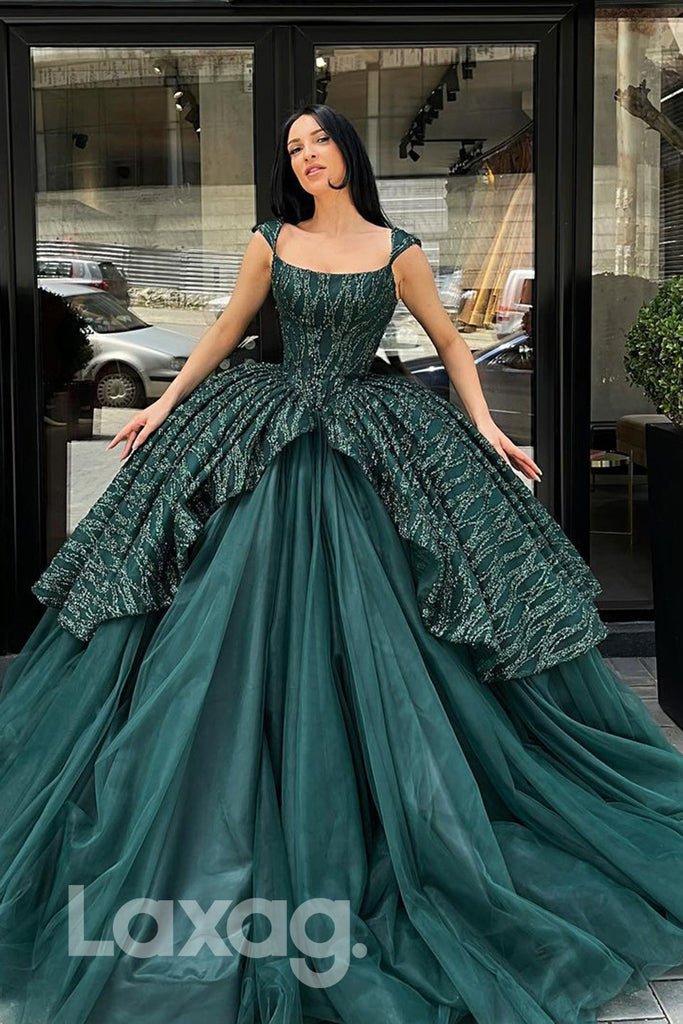19749 - Unique Scoop Tulle Ruffles Long Prom Ball Gown|LAXAG