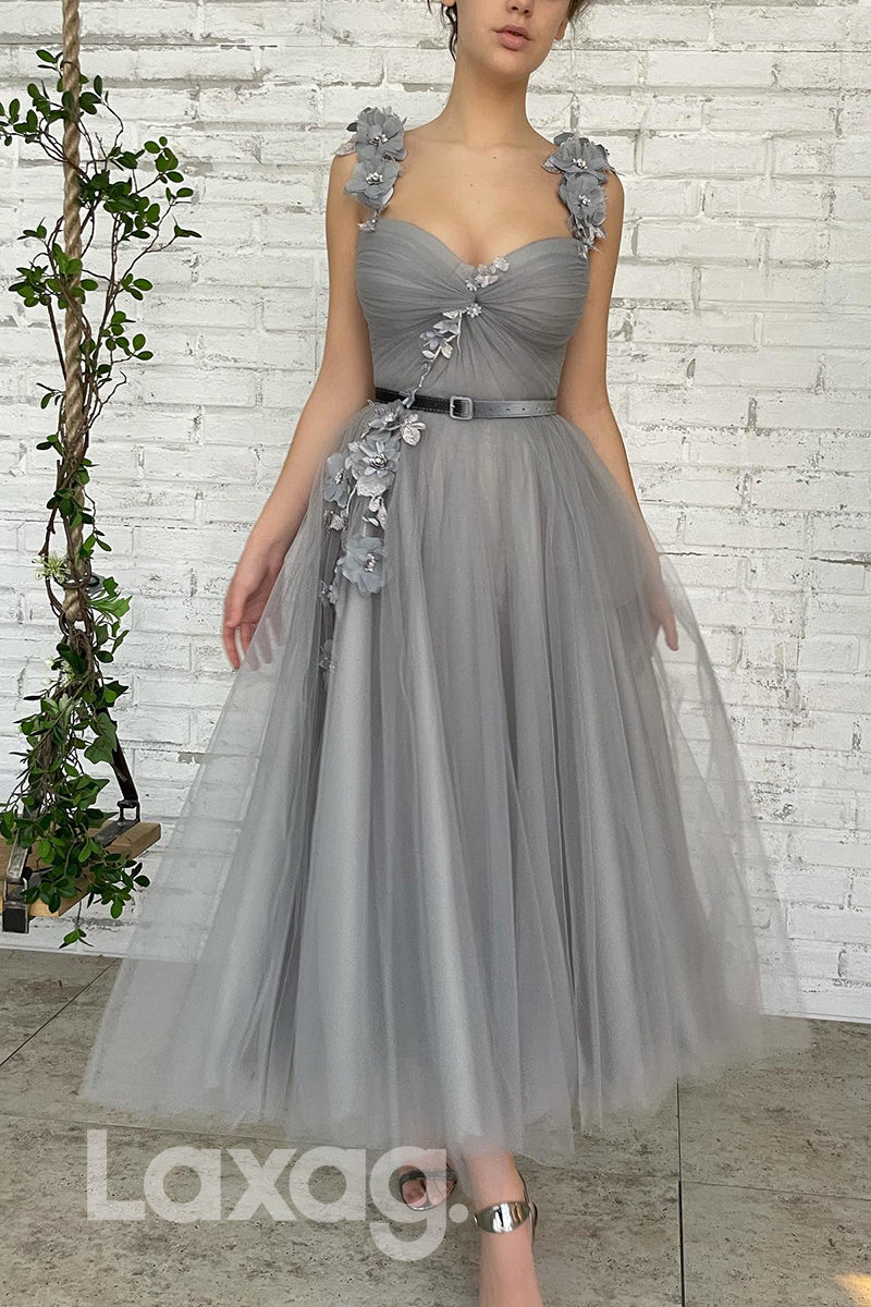 19760 - A-line Sweetheart 3D Appliques Grey Tulle Prom Dress|LAXAG