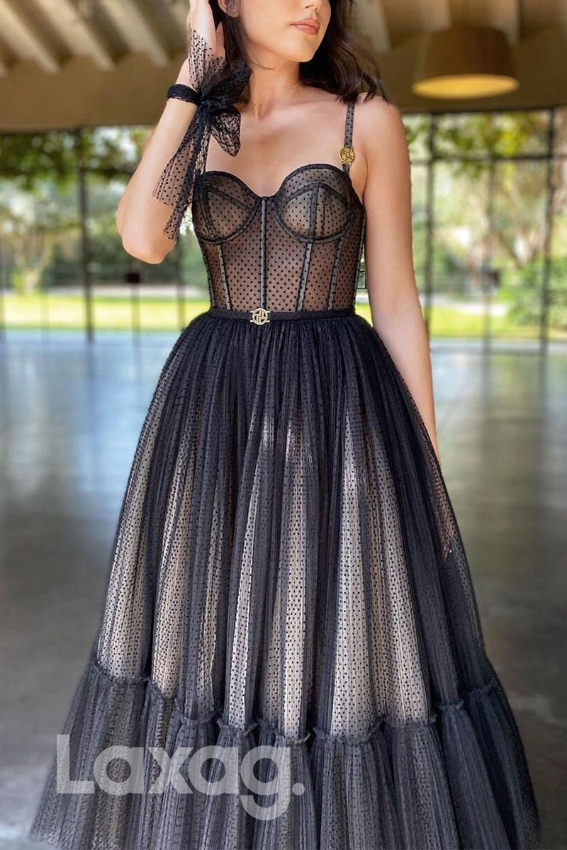 20725 - Spaghetti Straps Tulle Black Prom Dress