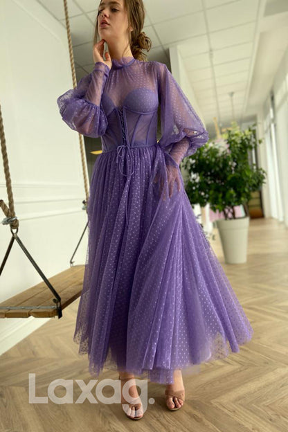 20731 - High Neck Tulle Long Sleeves Vintage Prom Dress with Pockets|LAXAG