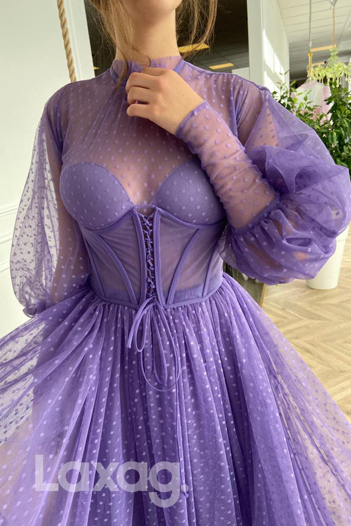 20731 - High Neck Tulle Long Sleeves Vintage Prom Dress with Pockets|LAXAG