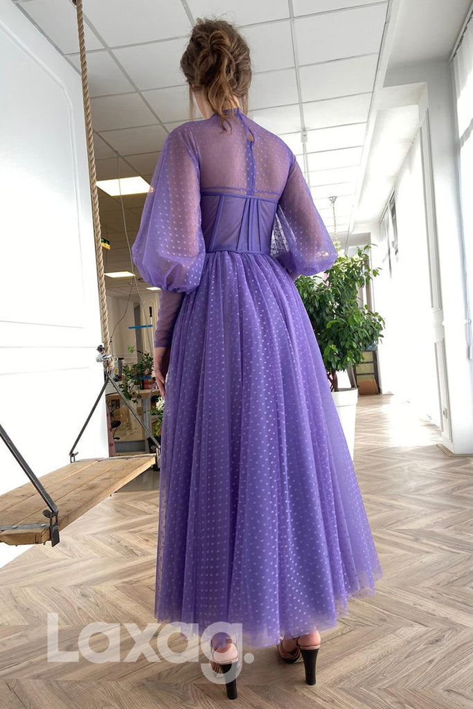 20731 - High Neck Tulle Long Sleeves Vintage Prom Dress with Pockets|LAXAG
