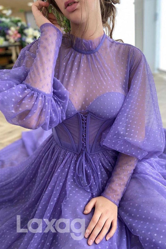 20731 - High Neck Tulle Long Sleeves Vintage Prom Dress with Pockets|LAXAG
