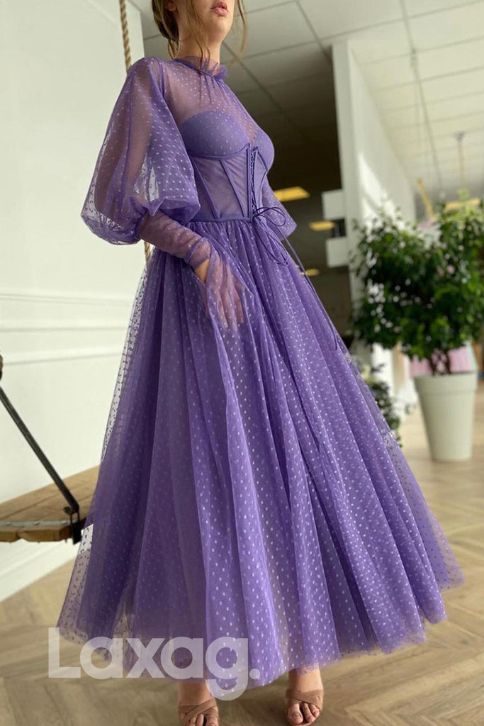 20731 - High Neck Tulle Long Sleeves Vintage Prom Dress with Pockets|LAXAG