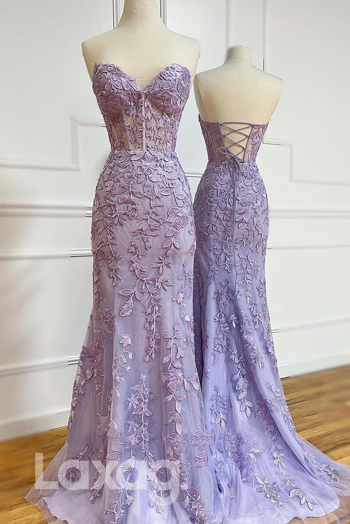 20734 - Plunging V-Neck Lace Appliques Long Prom Dress|LAXAG