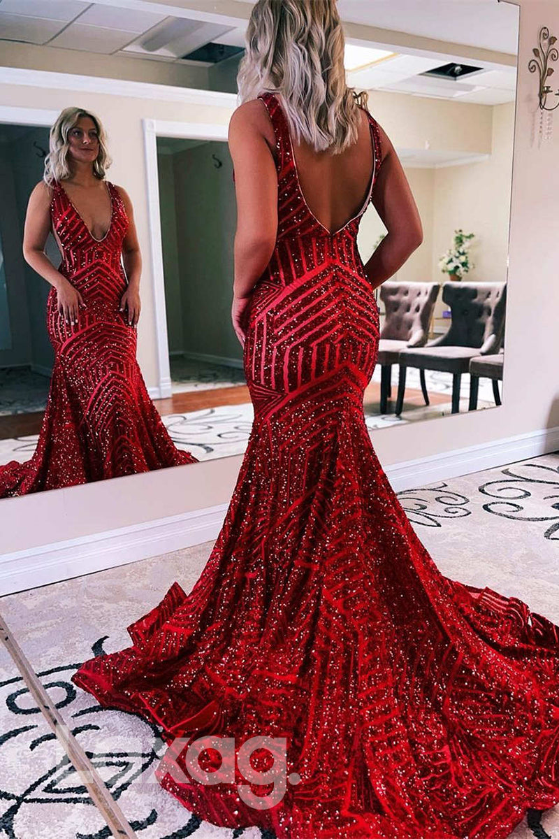 20738 - Plunging V-Neck Sequins Mermaid Prom Dress|LAXAG