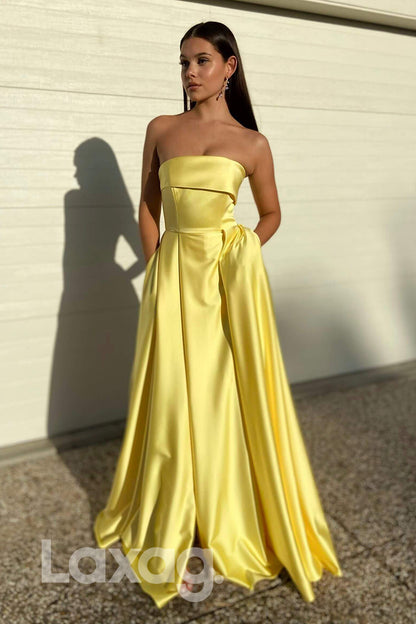 21700 - Strapless Yellow Satin High Split Simple Prom Dress with Pockets|LAXAG
