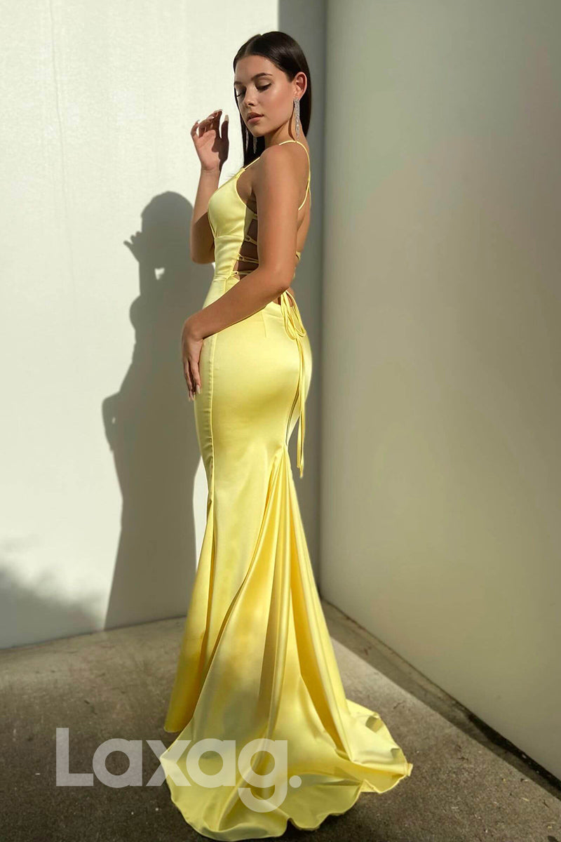 21701 - Sexy V-Neck Yellow Mermaid Prom Dress|LAXAG
