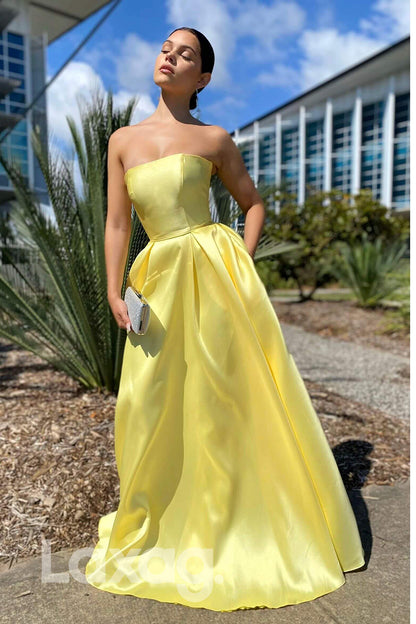 21702 - Strapless A-line Yellow Satin Long Prom Dress with Pockets|LAXAG