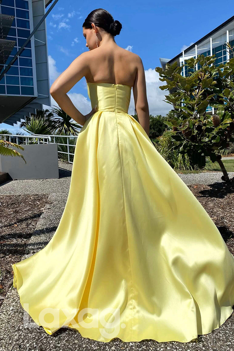 21702 - Strapless A-line Yellow Satin Long Prom Dress with Pockets|LAXAG