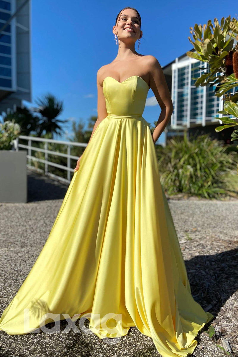 21703 - A-line Sweetheart Yellow Satin Cheap Prom Dress|laxag