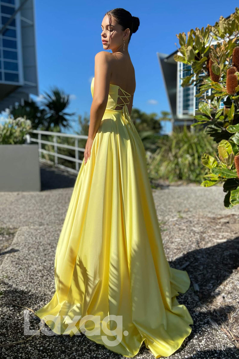 21703 - A-line Sweetheart Yellow Satin Cheap Prom Dress|laxag