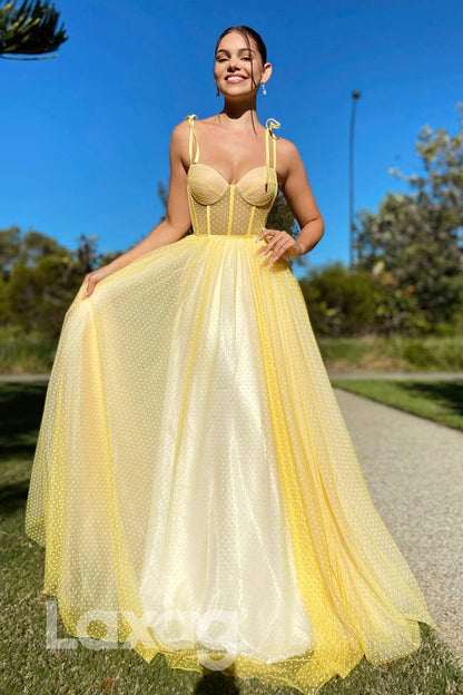 21704 - Spaghetti Straps Sweetheart Yellow Long Prom Dress|LAXAG