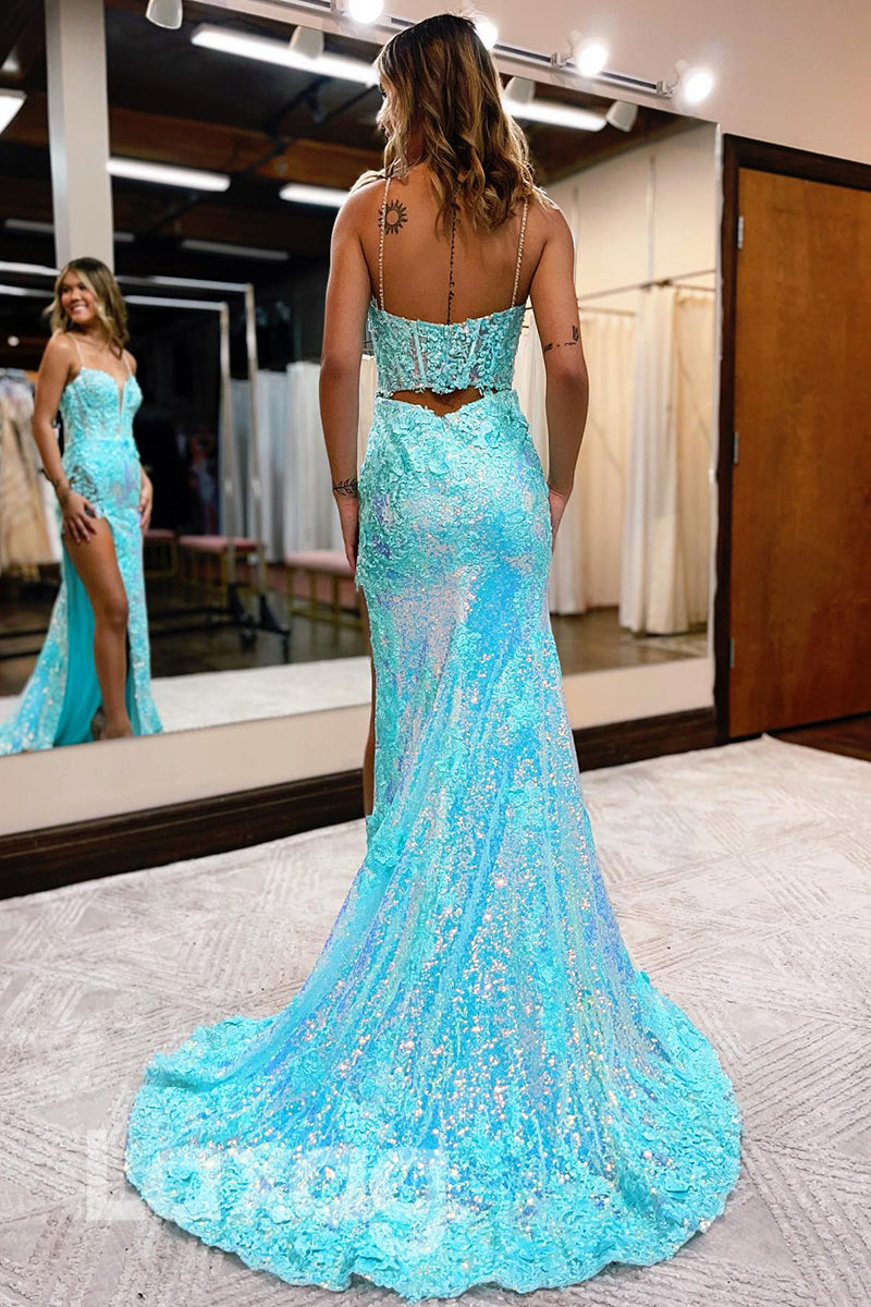 21707 - Attractive V-Neck Lace Appliques Sparkly Prom Dress with Slit|LAXAG