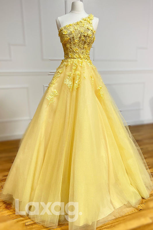 21708 - Unique One Shoulder 3D Appliques Yellow Prom Dress Long