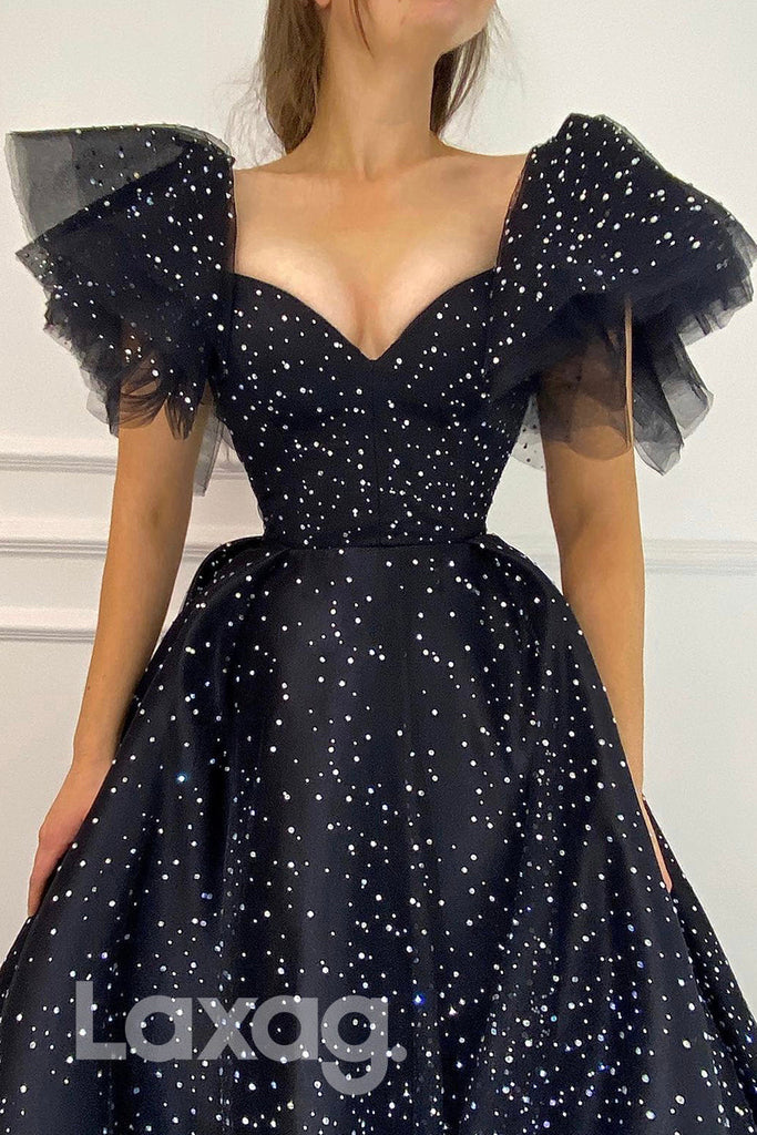 21714 - Sexy V-Neck A-line Short Sleeves Black Prom Dress|LAXAG