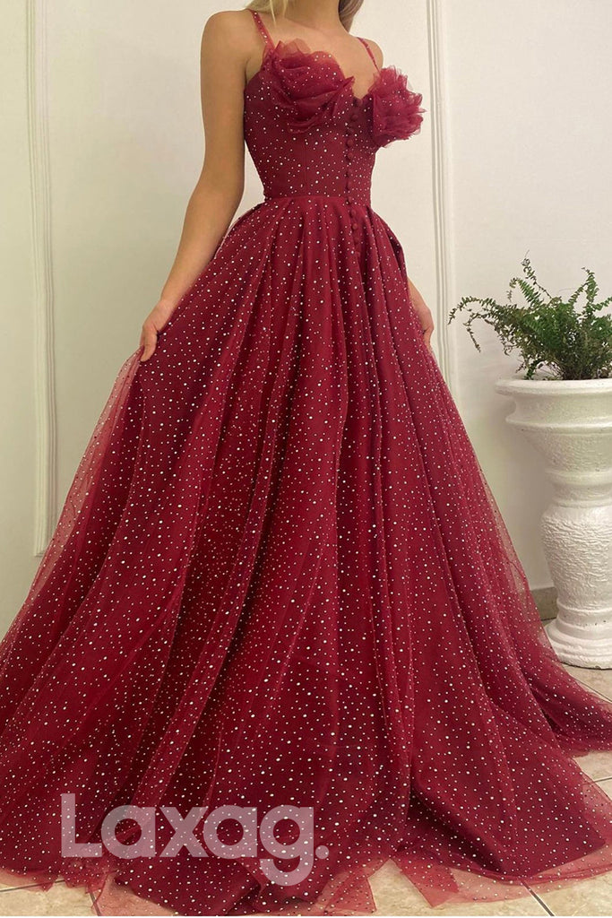 21717 - Spaghetti Straps Burgundy Prom Dress Long|LAXAG
