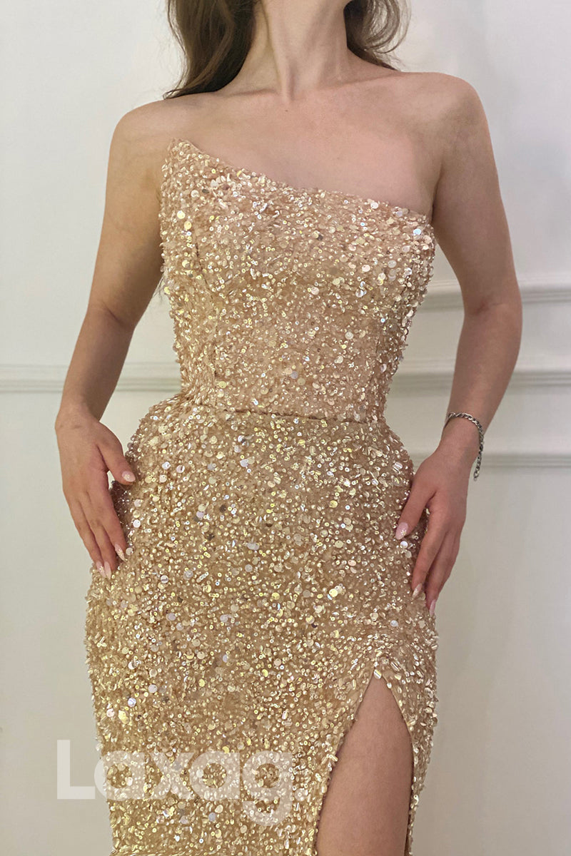 21718 - Strapless High Split Sequins Prom Dress|LAXAG