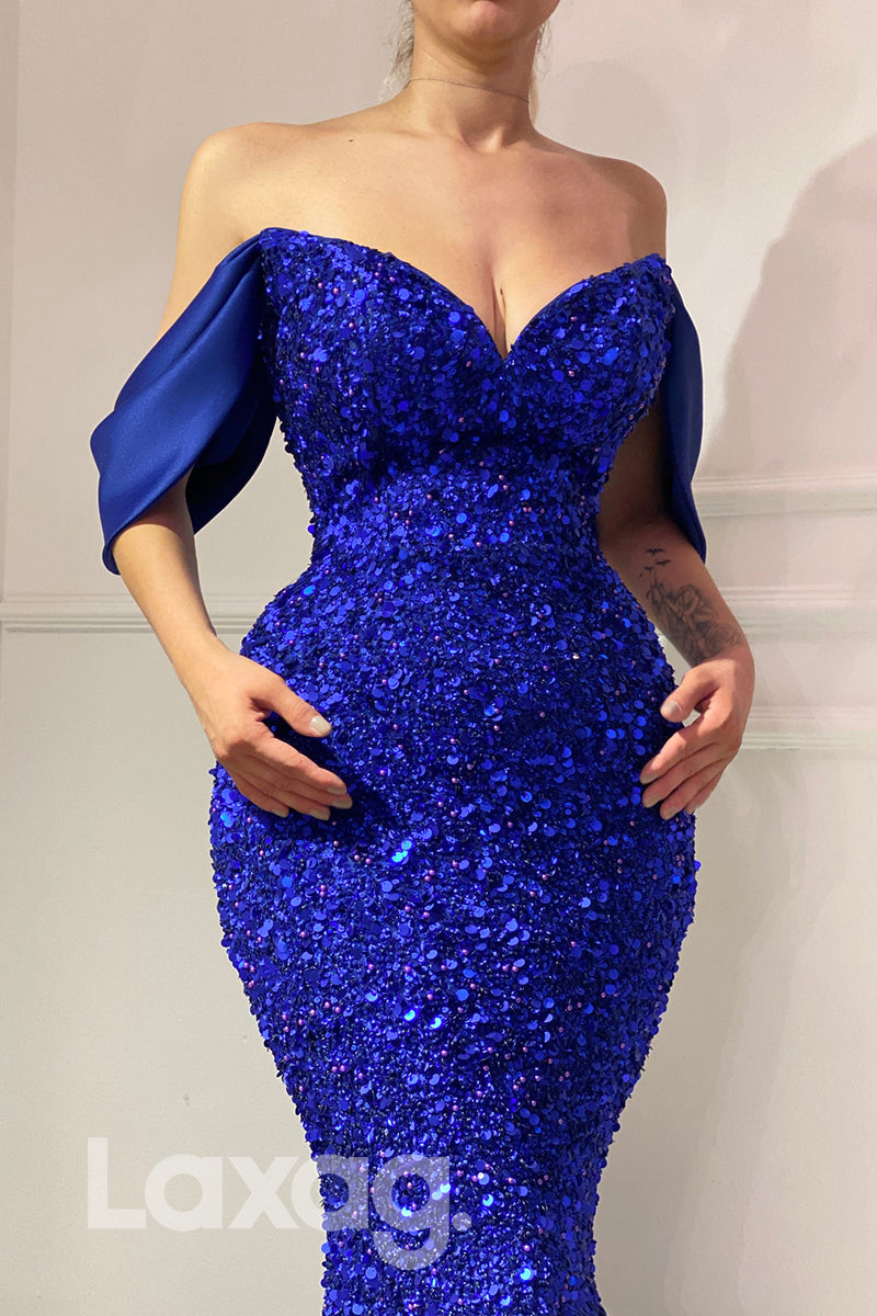21719 - Off the Shoulder Sequins Prom Dress with Slit|LAXAG