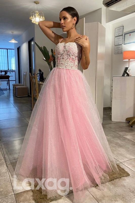 21724 - Spaghetti Straps Lace Appliques Pink Long Prom Dress