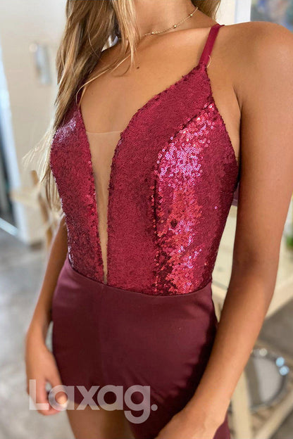 21737 - Plunging V-Neck Burgundy Prom Dress with Detachable Skirt Homecoming Dress