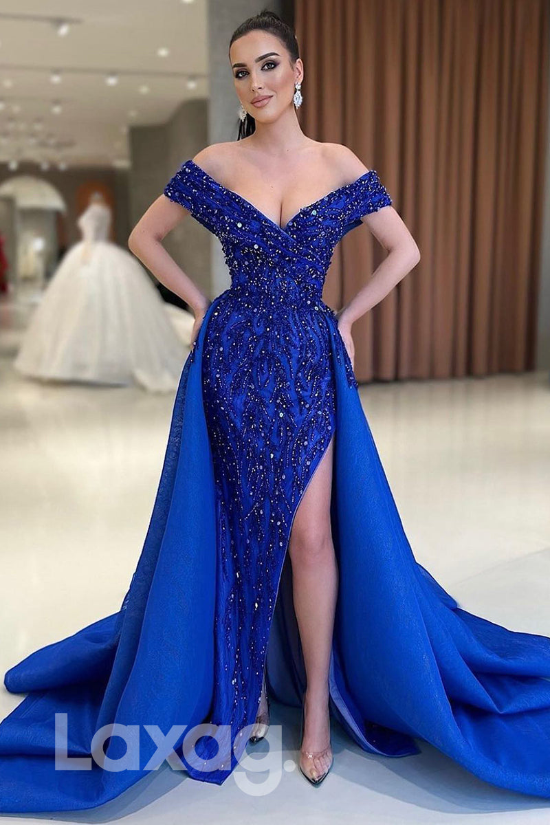 21771 - Off Shoulder Royal Blue Beaded Prom Evening Dress With Overskirt