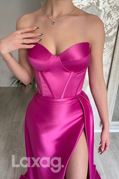 21777 - Sweetheart Rosy Pink Thigh Slit Satin Prom Dress