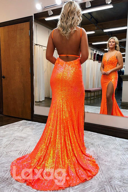 15770 - Straps Spaghetti Appliques Thigh Slit Mermaid Prom Dress