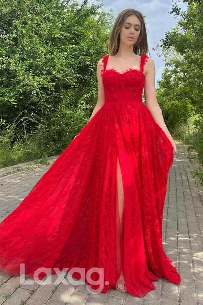 15775 - Spaghetti Sweetheart Thigh Slit Lace Red Prom Dress