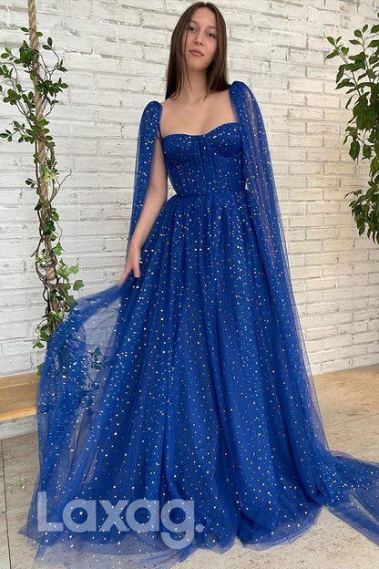 16700 -Strapless Bling Star Blue Formal Dress With Cape