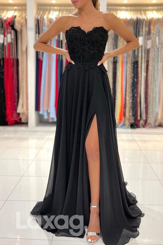 16707 - Strapless Lace Appliques Black Prom Dress with Slit