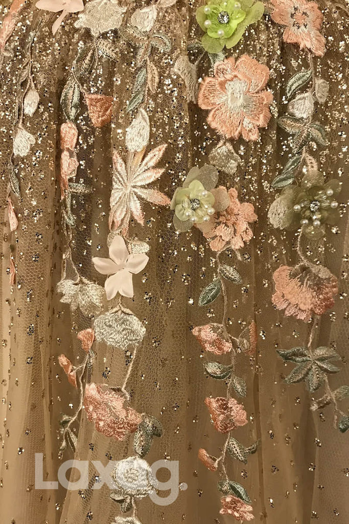 12701 - Illusion V-Neck Strap Floral Appliqued Ballgown Dress