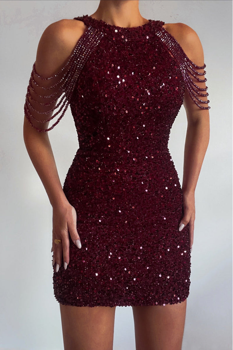 13111 - Unique Jewel Sequins Burgundy Homecoming Dress