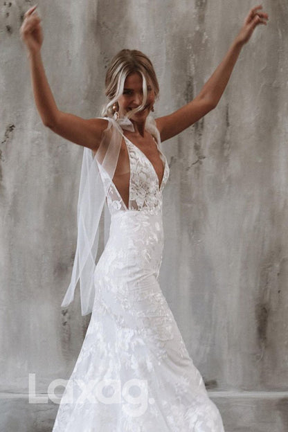 13581 - Plunging V-neck Allover Lace Wedding Dress Mermaid Bridal Gown|LAXAG