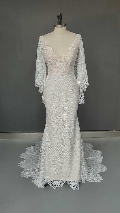 12596 - Plunging V-neck Lace Appliques Plus Size Mermaid Wedding Gown