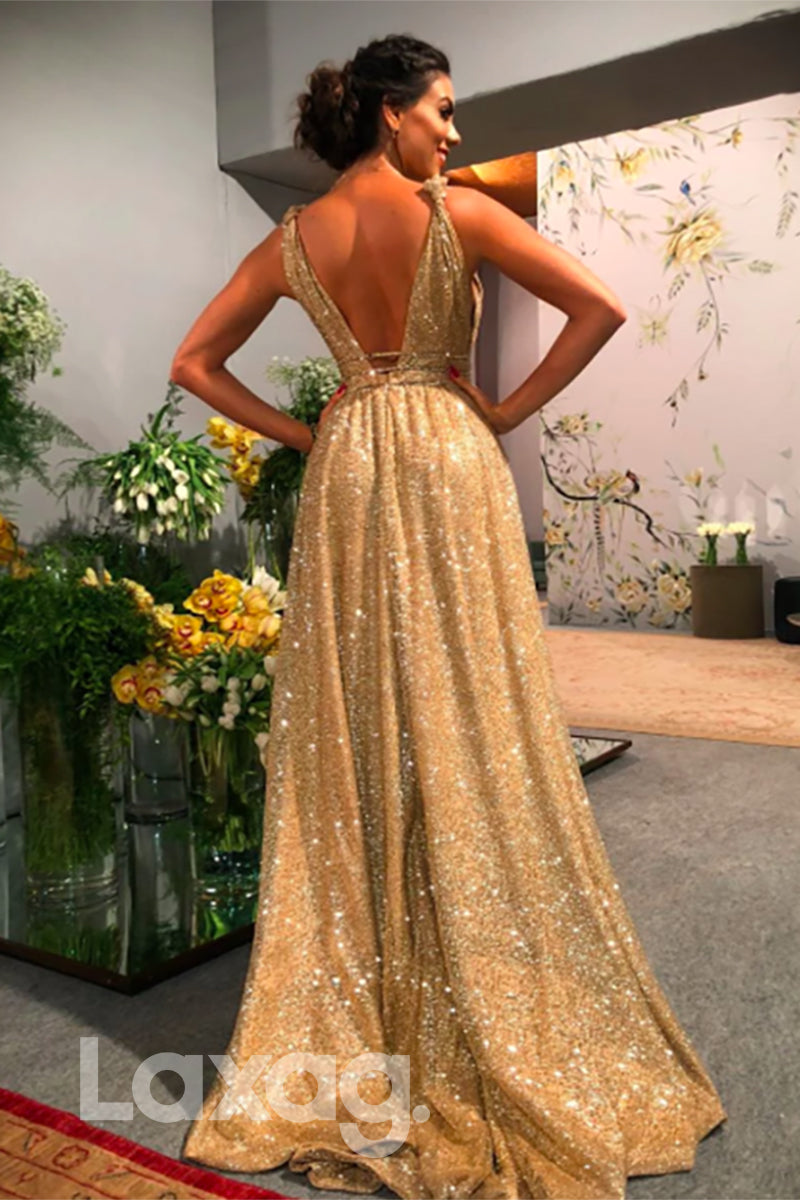 13761 - Plunging Illusion Glitter Prom Gown With Open Back - Laxag