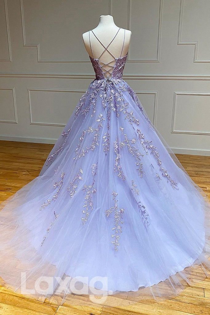 13779 - Lace Applique Sleeveless Tiered Tulle Gown With Corset - Laxag