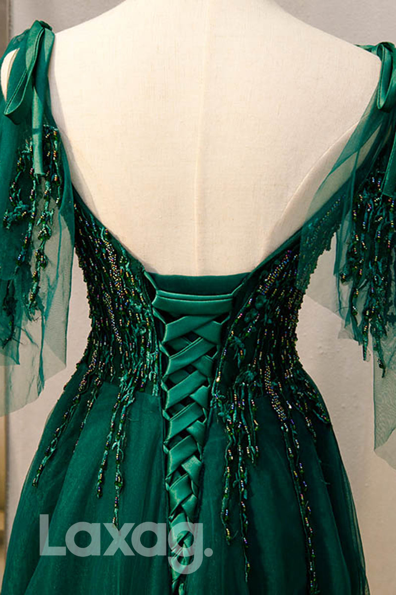 13790 - Embellished Straps V-Neck Lace-Up Back Dress With Train - Laxag