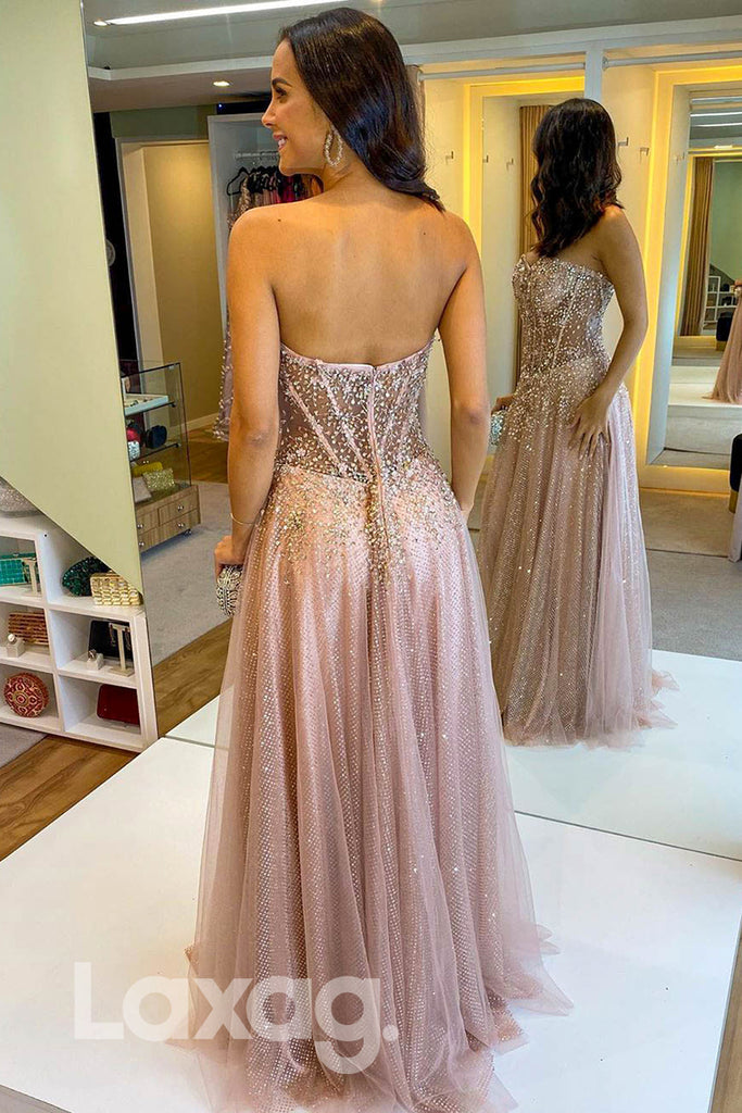 13799 - Embellished Sleeveless Sheer Tulle Long Beaded Gown - Laxag